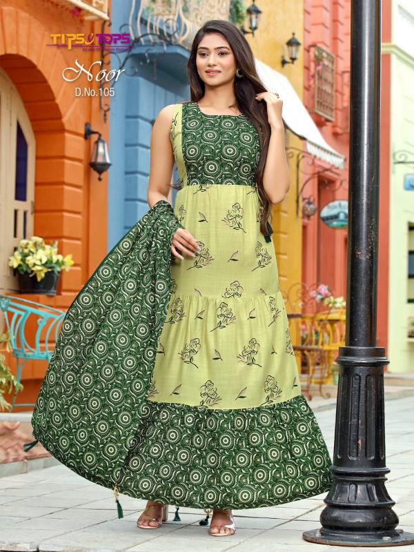 Tips and Tops Party Wear Heavy Rayon Gowns With Printed Dupatta